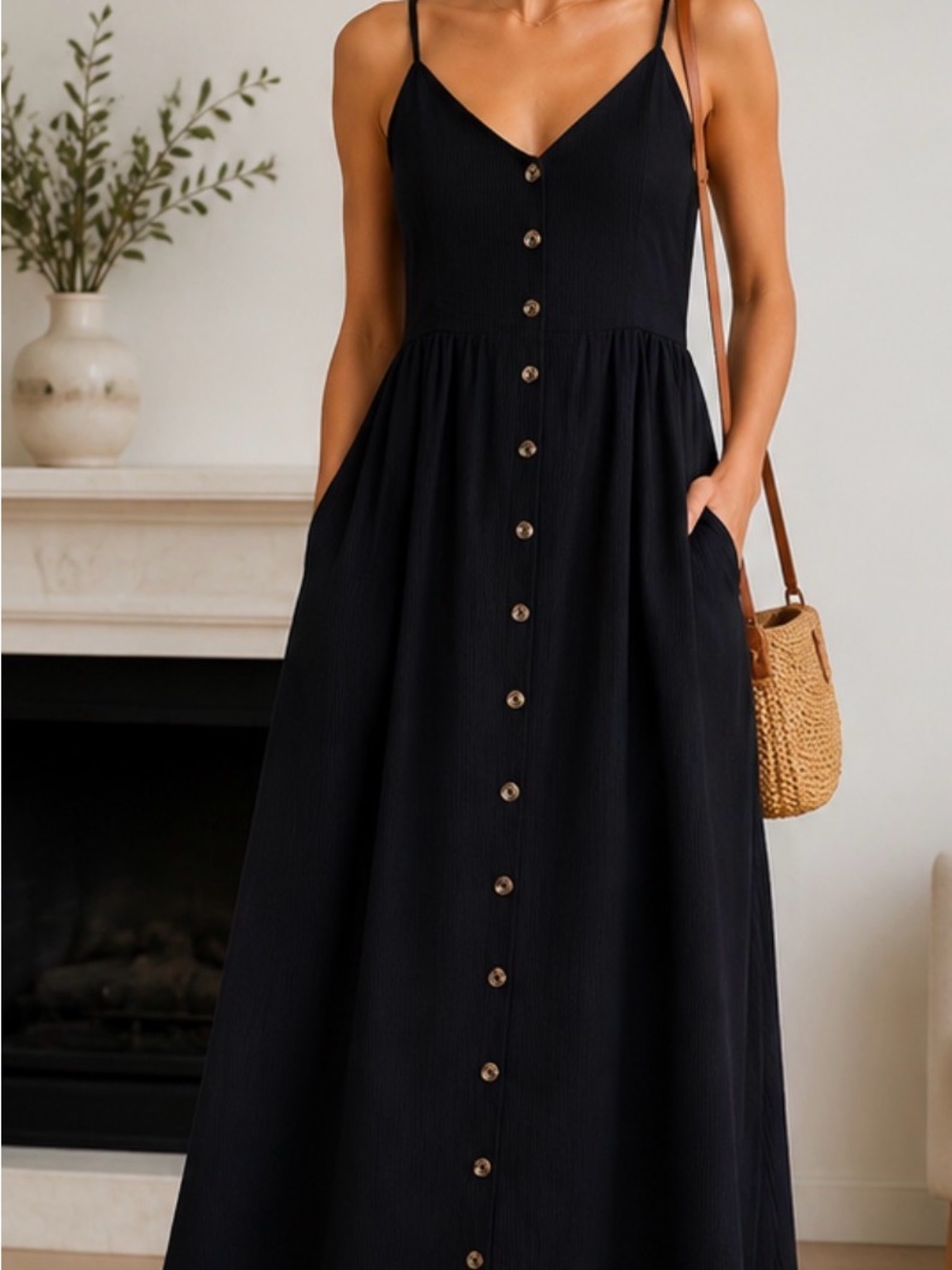 H&M Black Spaghetti-Strap Button-Front Maxi Dress